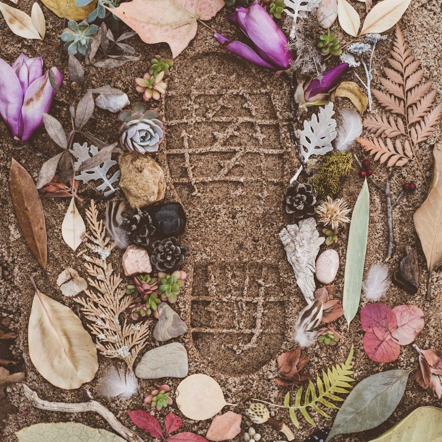 assorted flowers and leaves on sand with shoe mark